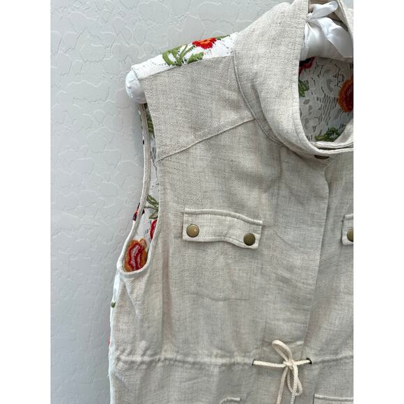 ENTRO | Beige Linen Blend Embroidered Back Utility Vest | Medium - Picture 3 of 9